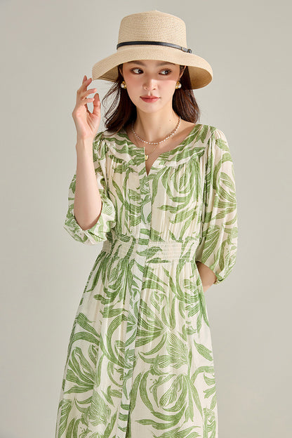 Robe Midi Imprimé Feuillage – Style Boho Chic